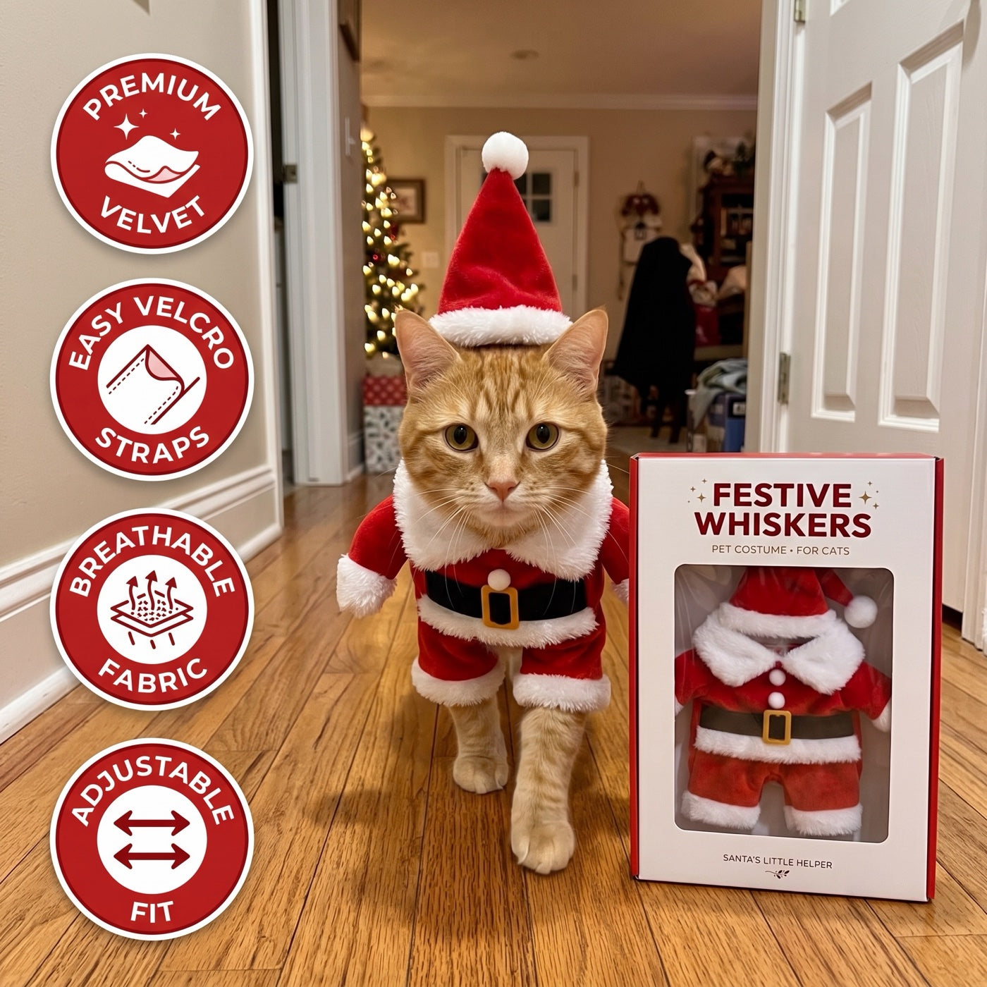 FestiveWhiskers Santa cat costume with four product benefits