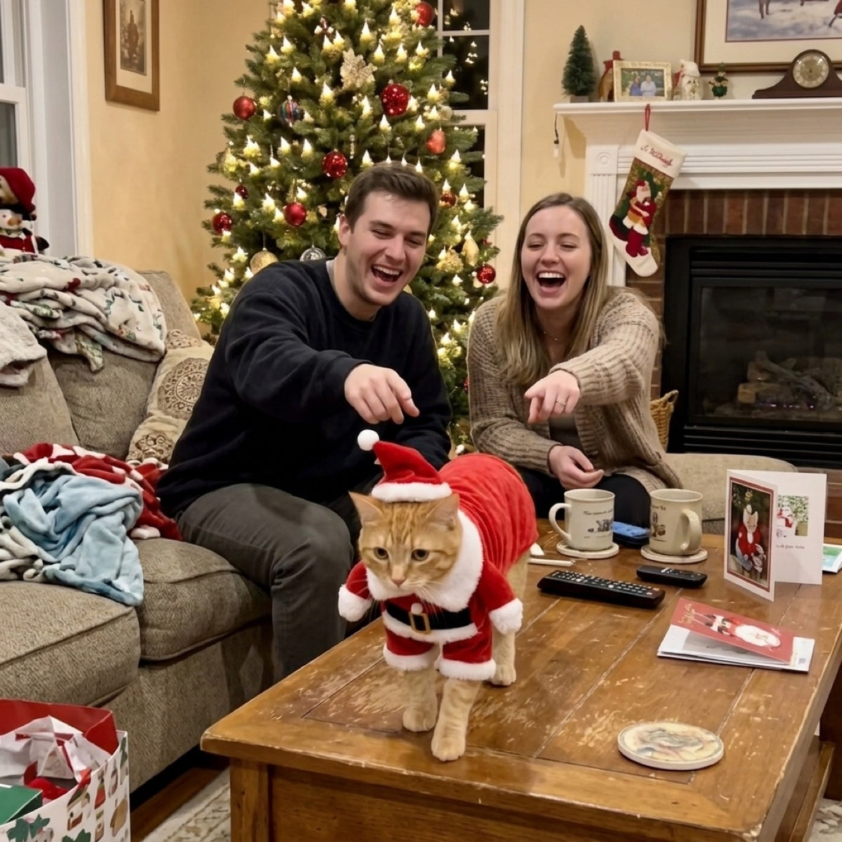 Friends laughing at an orange cat wearing the Santa costume