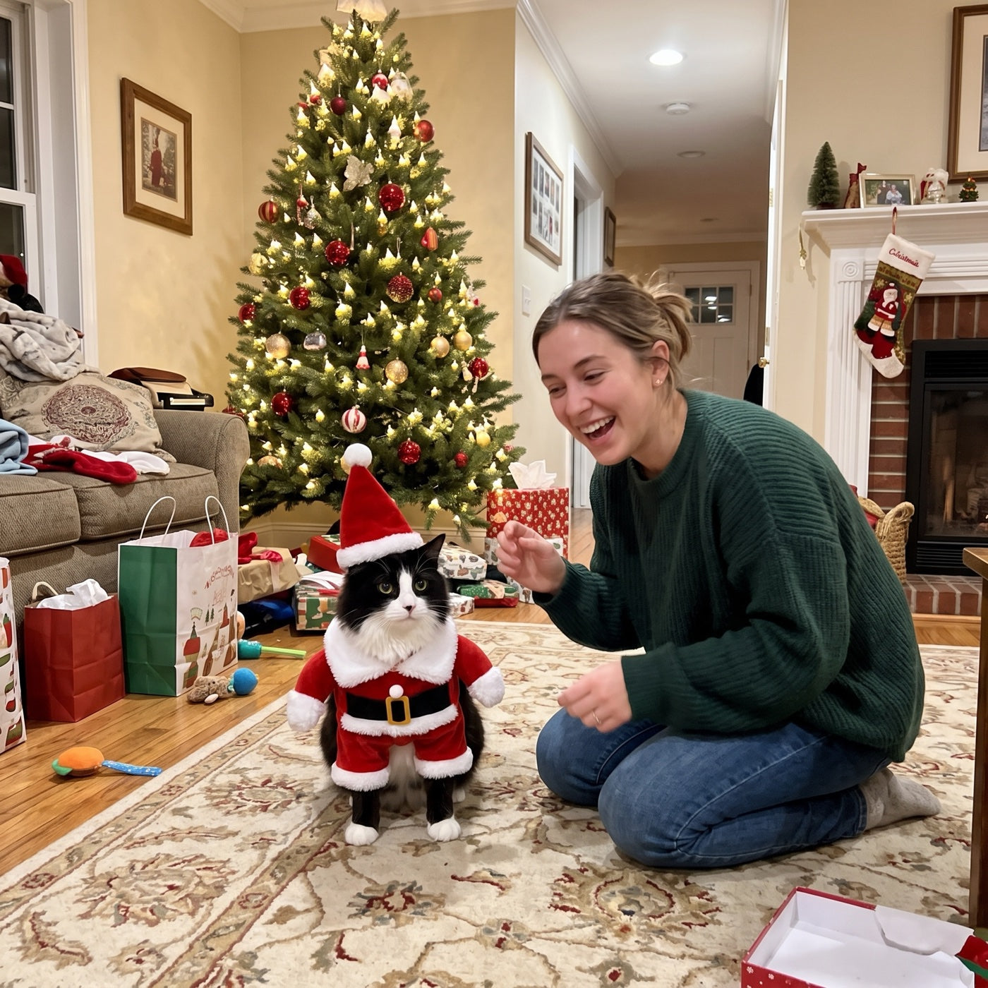 Chloe beside her black and white cat wearing the FestiveWhiskers Santa suit