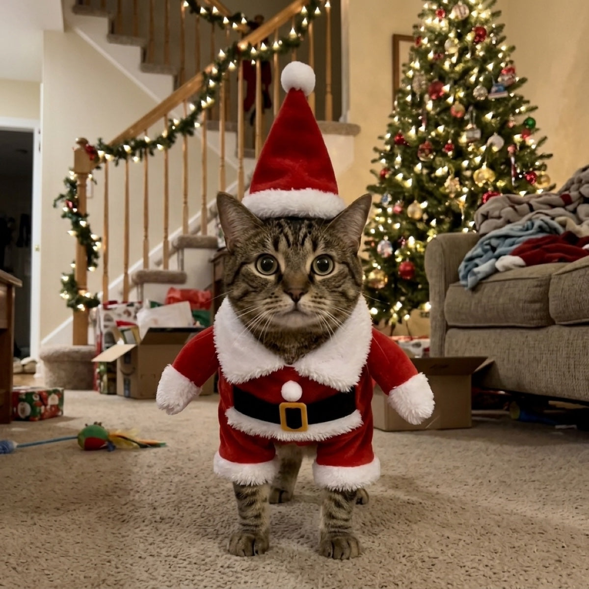 Tabby cat in a Santa costume beside a Christmas tree