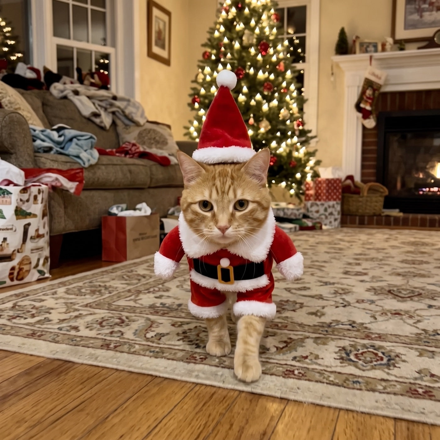 Orange cat walking in a Santa costume beside a Christmas tree