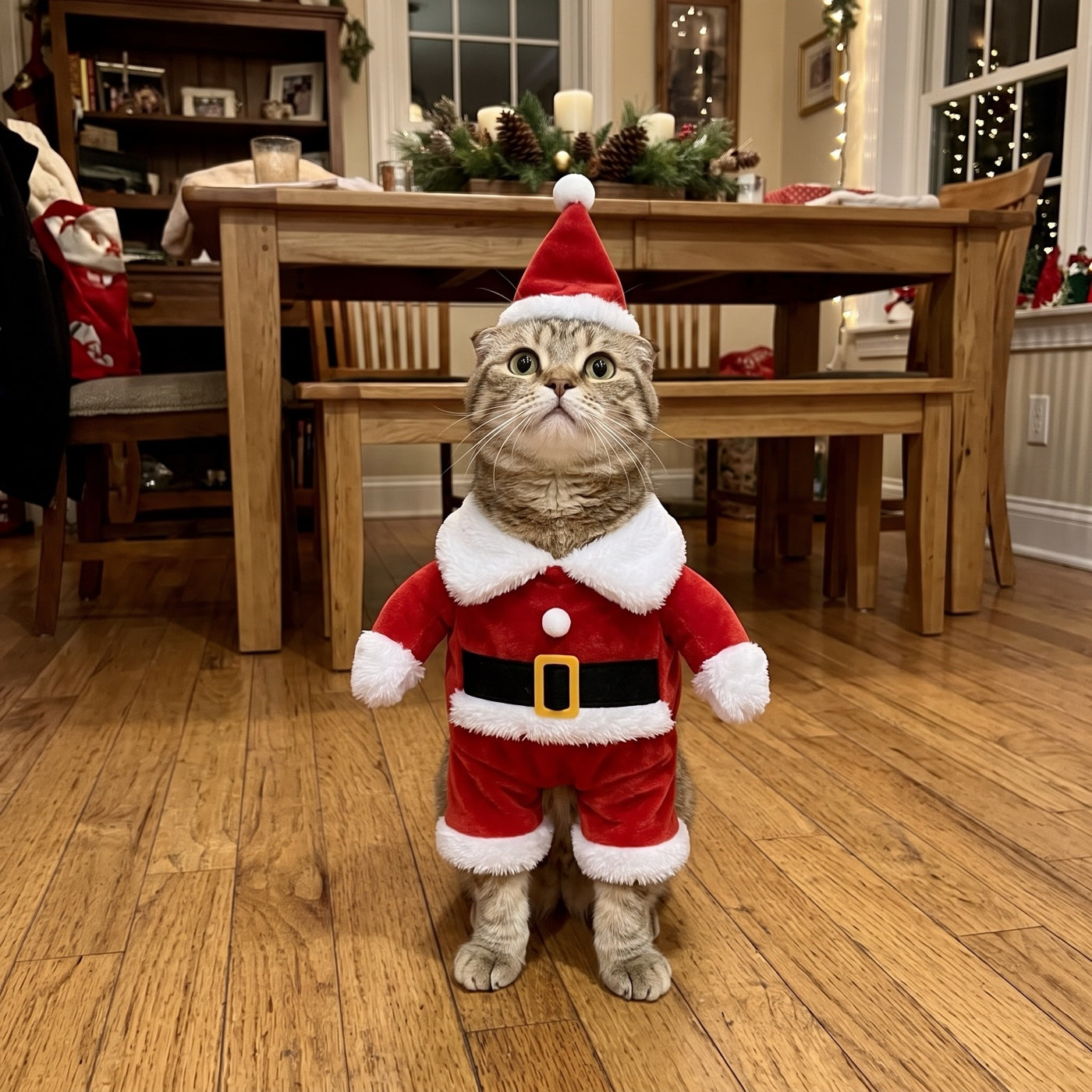 Tabby cat sitting in the festive Santa costume