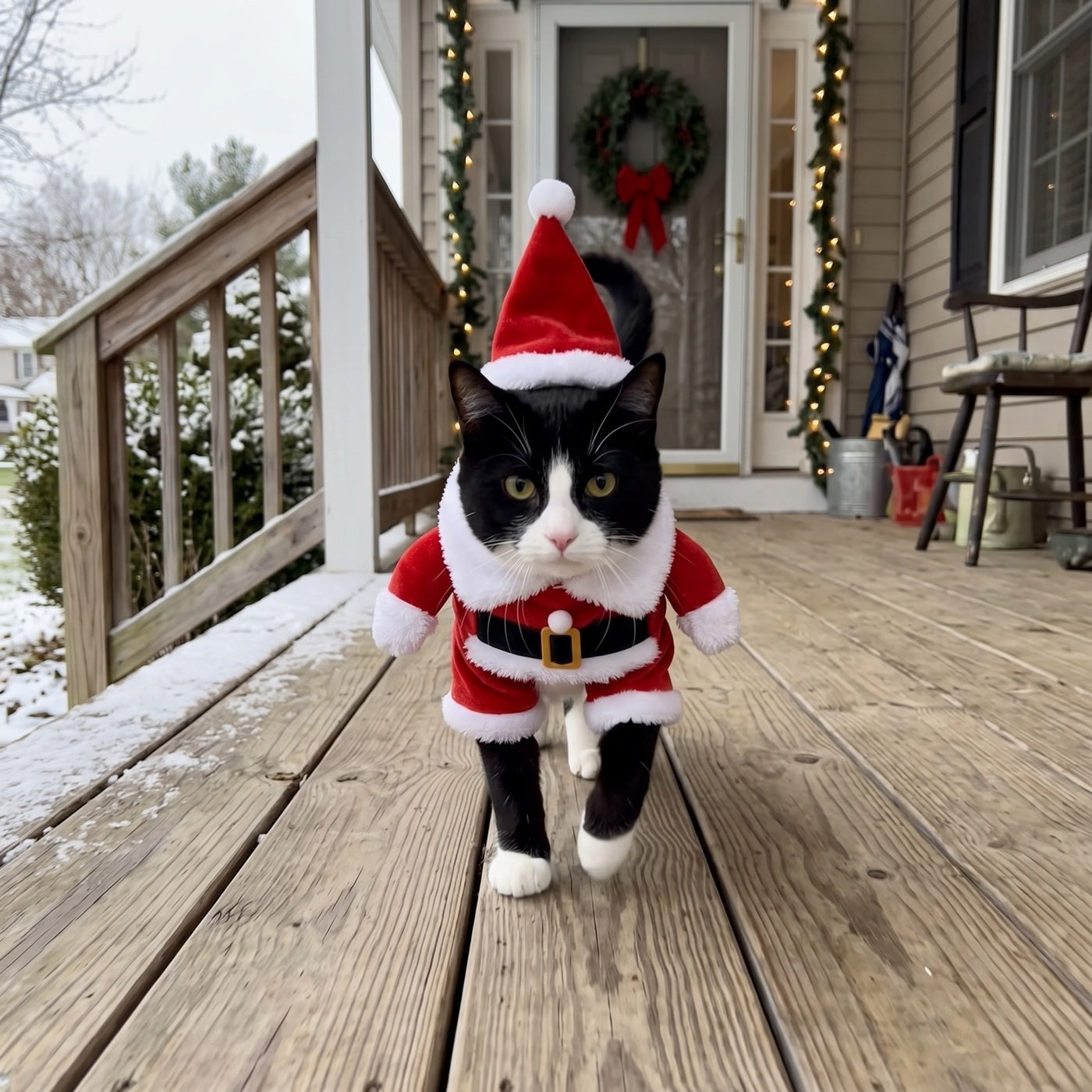 Black and white cat wearing the Santa costume on a snowy porch