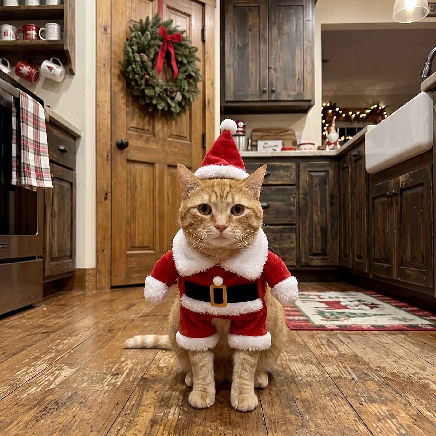Orange cat wearing the Santa costume in a Christmas kitchen