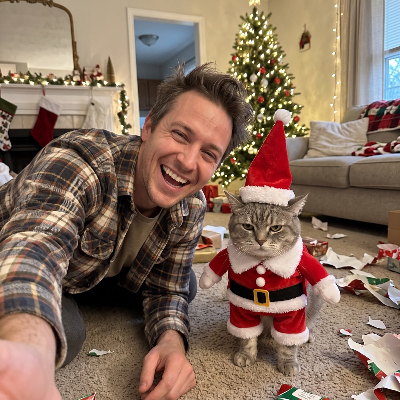 Jake laughing beside his gray cat in the FestiveWhiskers Santa suit