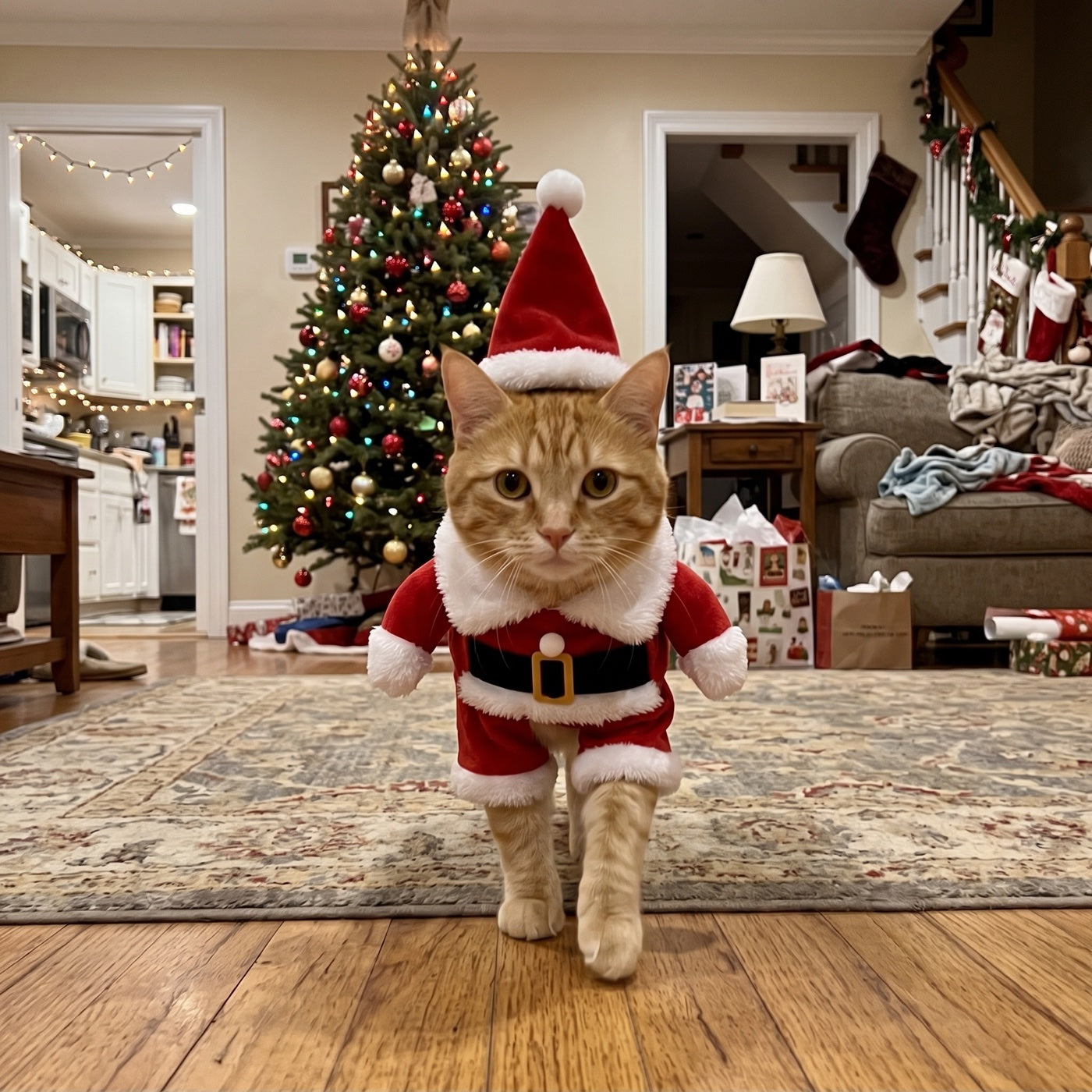 Orange cat modeling the Santa suit by a decorated Christmas tree